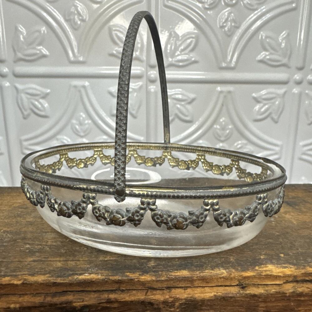 Ornate Brass Filigree Glass Footed Dish with Handle Art Nouveau